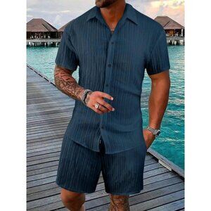 Men's Peacock Blue Button Down Short Sleeve Shirt & Shorts Resort Outfit